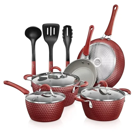 Nonstick Cooking Kitchen Cookware Pots & Pans, 11 Piece Set, Red 1