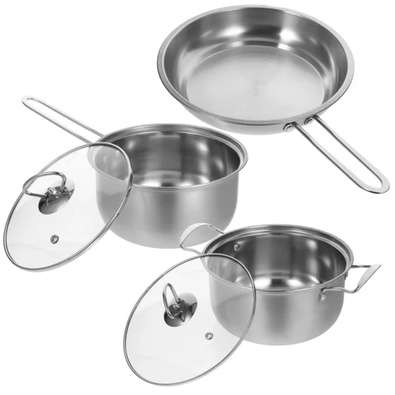 Stainless Steel Soup Pot Frying Pan Cooking Skillet Three Piece Suit Kitchen Sauce 410 Household Griddle 1