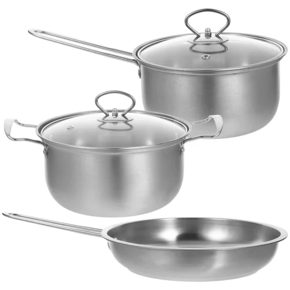 Stainless Steel Soup Pot Frying Pan Cooking Skillet Three Piece Suit Kitchen Sauce 410 Household Griddle 2