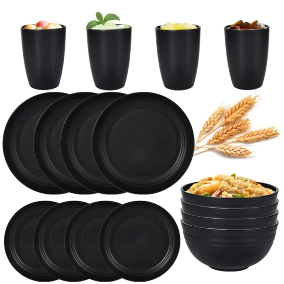 4pcs/16pcs Black pp cutlery set Plate Spitting dish bowl cup cutlery outdoor camping party 1